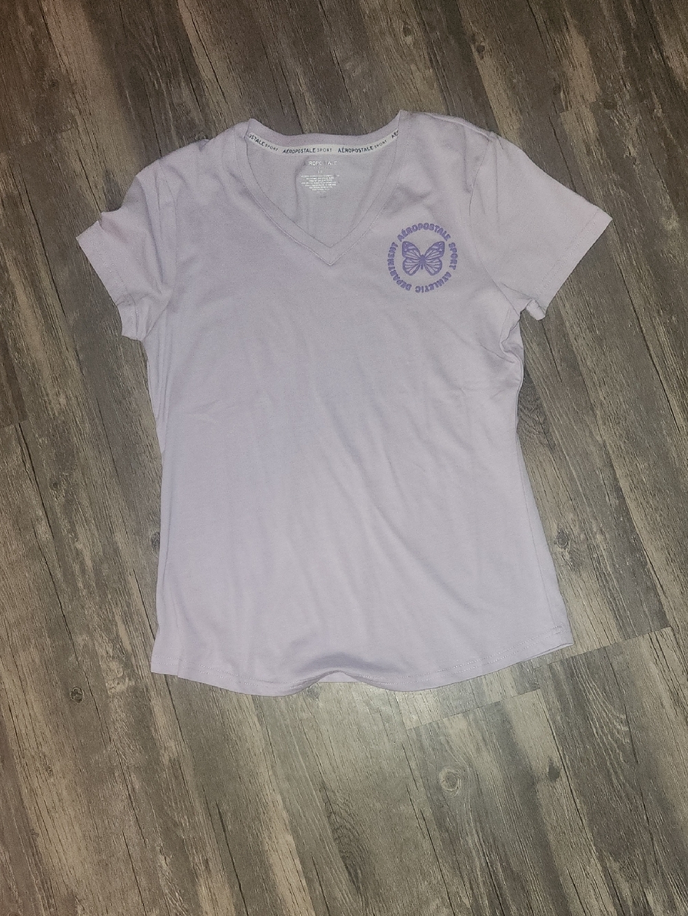 Aeropostale Lavender V-Neck Tee with Purple Butterfly Emblem